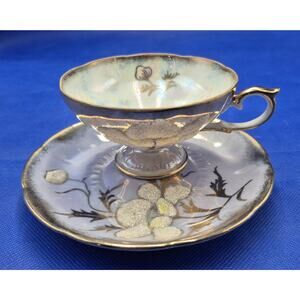 VTG Iridescent Porcelain Cup Saucer Set Gold Gilt Sugar Textured White Flowers